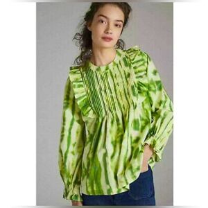 Anthropologie Samant Chauhan Emilia Tie Dye Ruffle Top in Green/Yellow size XS
